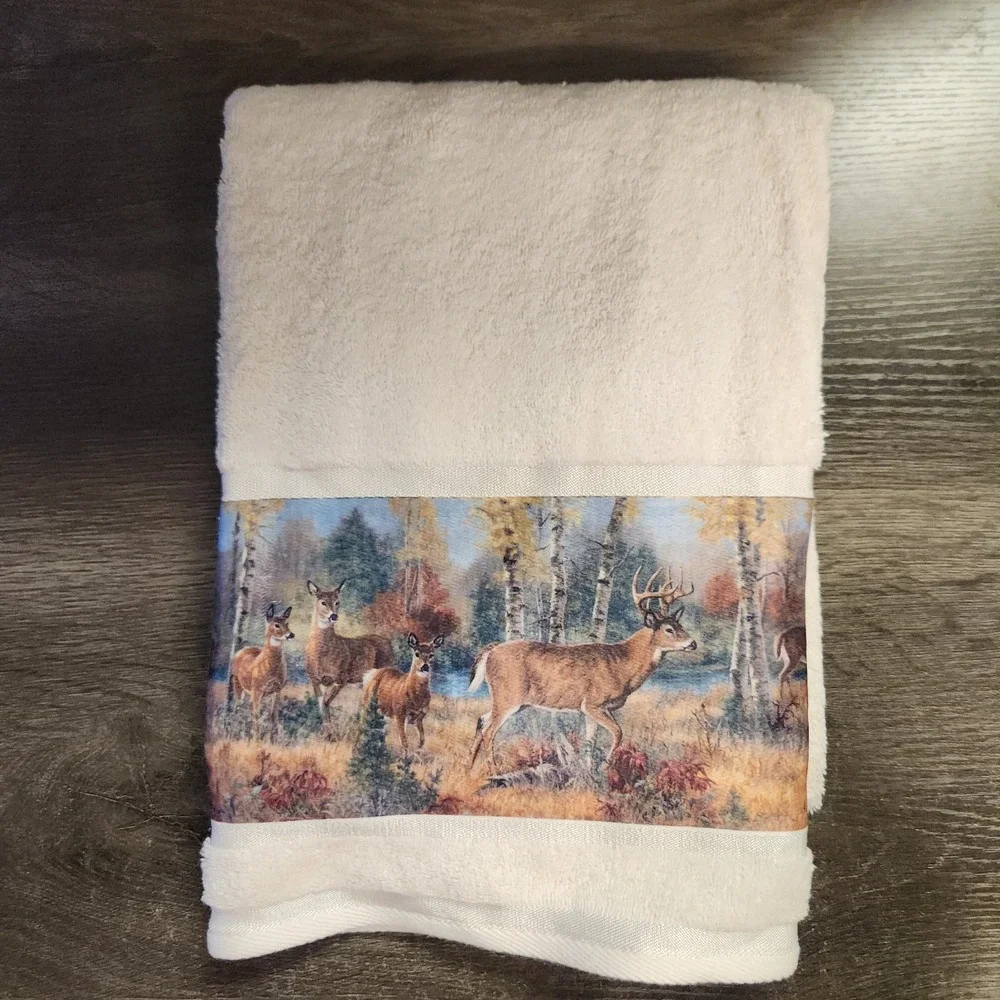 Vintage Towel Set Bath & Hand Woodland White Tail Deer Hunting Lodge Cottagecore